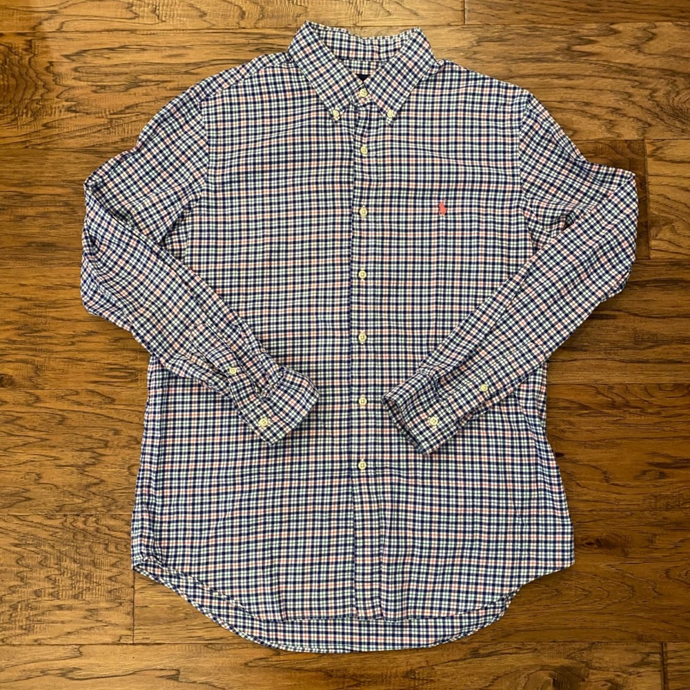 Ralph Lauren Mens Large Blue Pink Plaid Long Sleeve Button Down Shirt Pony Logo